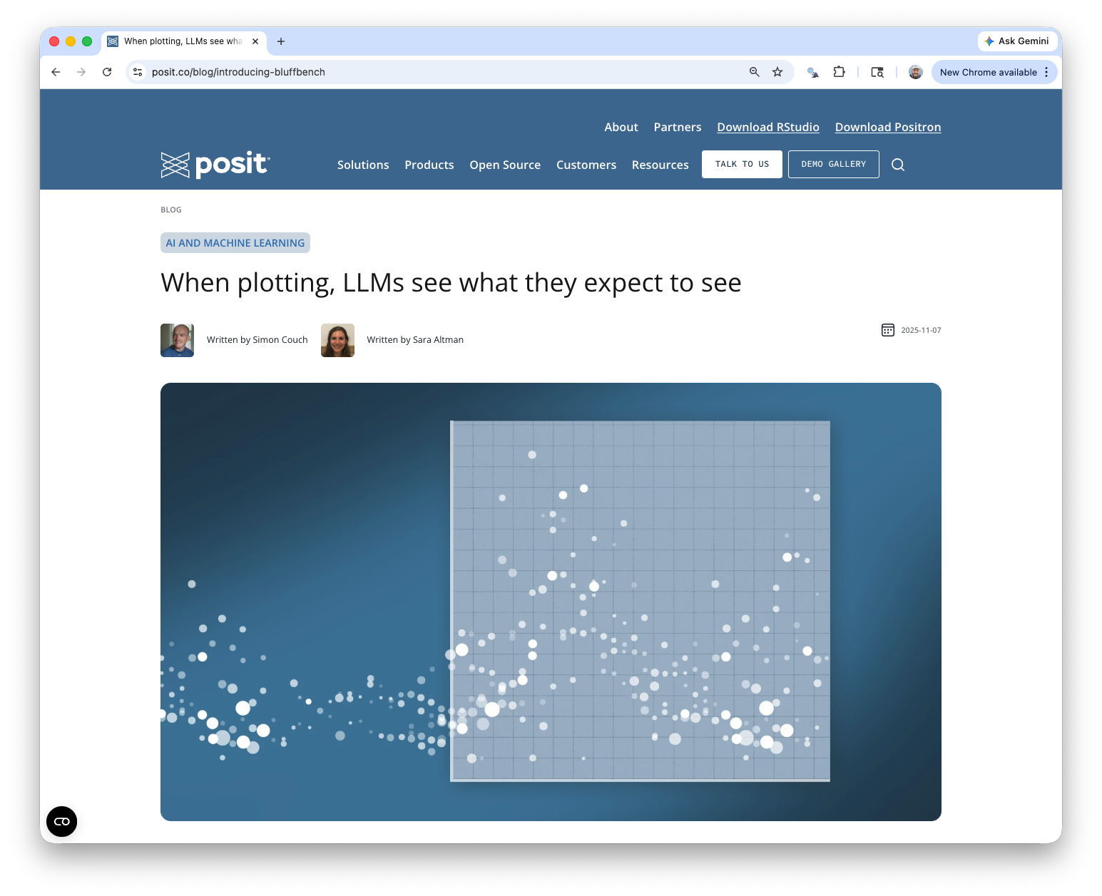 A browser screenshot of the Posit blog post titled 'When plotting, LLMs see what they expect to see,' written by Simon Couch and Sara Altman. The hero image shows pale scattered dots streaming into a plotting grid on a dark blue background.