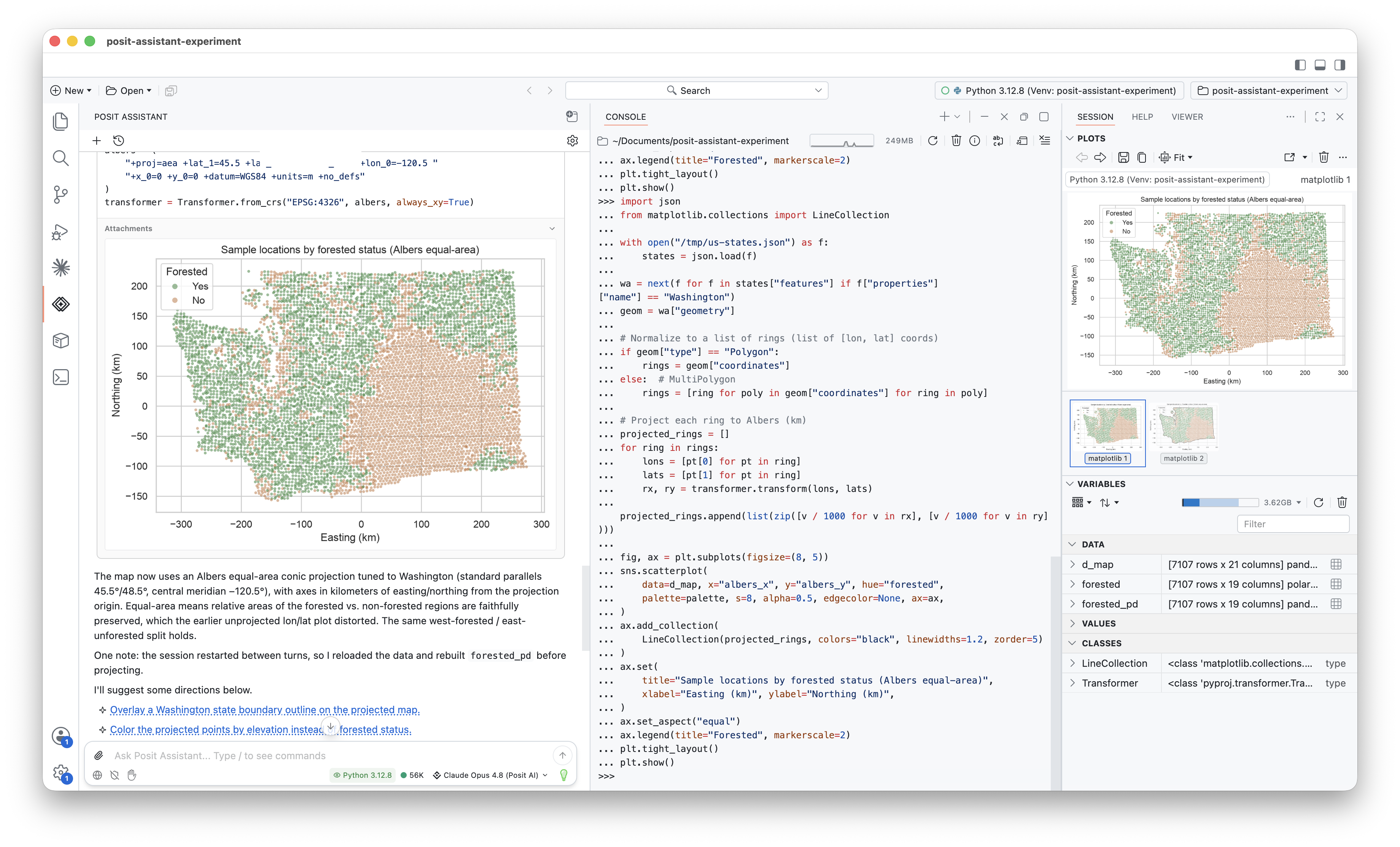 A screenshot of Positron running Posit Assistant: the assistant chat sits on the left, a Python console in the middle, and a Session panel with plots and variables on the right. The assistant has produced a map of Washington colored by forested status.