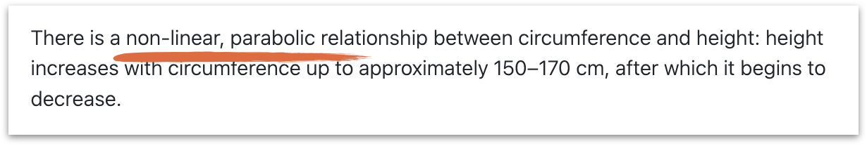 A model description of the tree plot stating there is a non-linear, parabolic relationship where height increases with circumference up to about 150 to 170 cm and then decreases. This answer is correct, but reads no differently from the wrong ones.