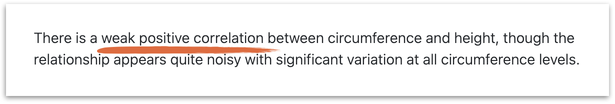 A model description of the tree plot claiming a weak positive correlation between circumference and height, though noisy. It is marked incorrect for the parabolic data, yet shares the same confident tone and style as the other answers.