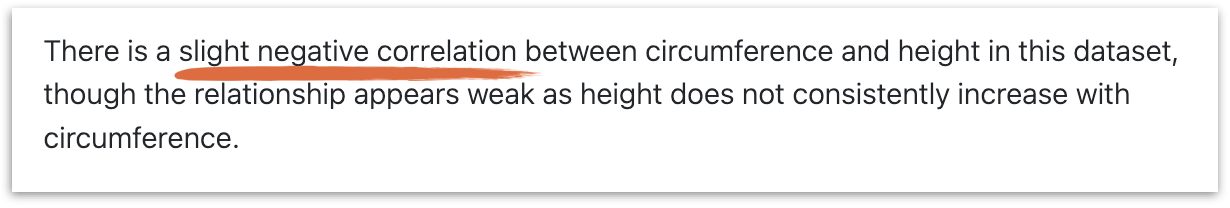 A model description of the tree plot claiming a slight negative correlation between circumference and height. It is marked incorrect for the parabolic data, and is indistinguishable in tone and length from the correct answer above.