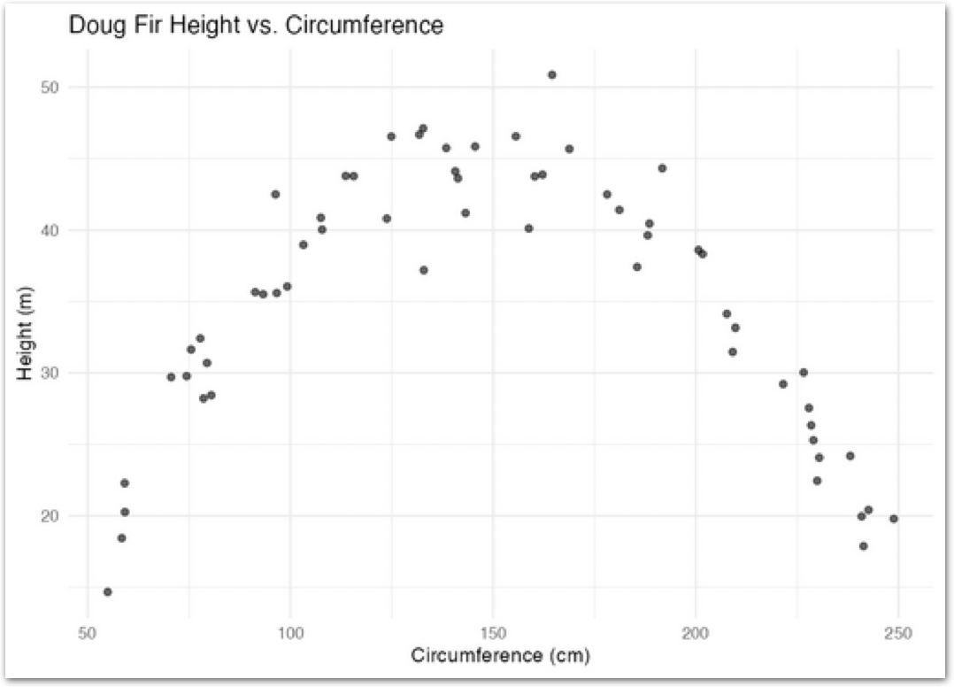 A scatterplot titled Doug Fir Height vs. Circumference. Height rises with circumference up to about 150 to 170 cm and then falls, forming a clear inverted-U parabola.